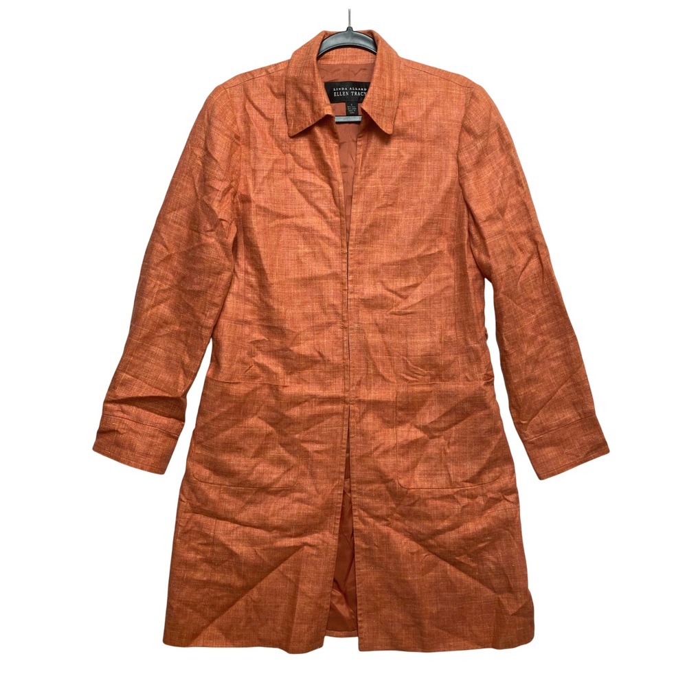 Linda Allard Ellen Tracy Linen Jacket Womens 6 Orange Silk Blend Longline Coat